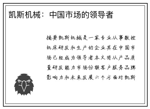 凯斯机械：中国市场的领导者
