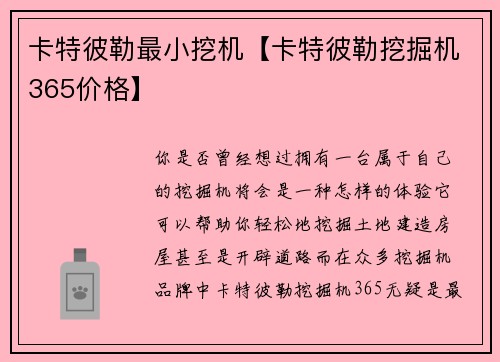 卡特彼勒最小挖机【卡特彼勒挖掘机365价格】